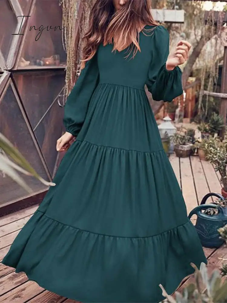 Ingvn - V Neck Long Sleeve Patchwork Solid Color Dress Dark Green / M
