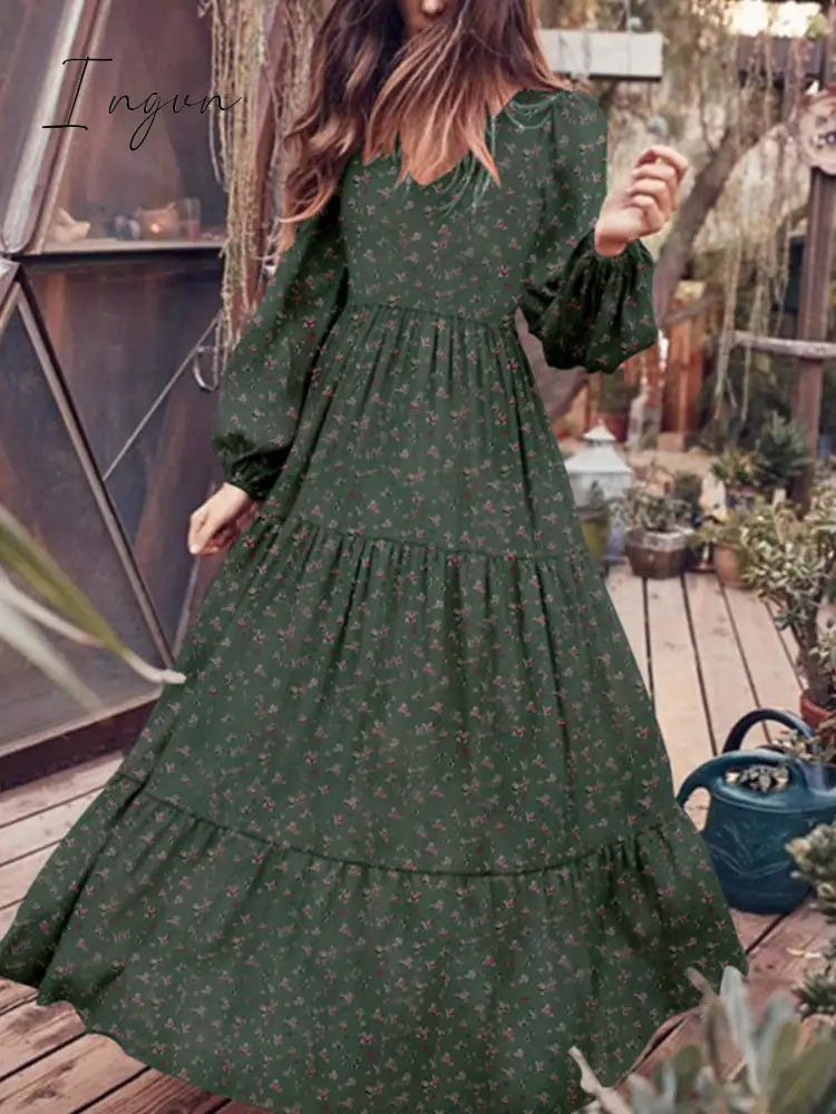 Ingvn - V Neck Long Sleeve Patchwork Solid Color Dress Green Flowers / M