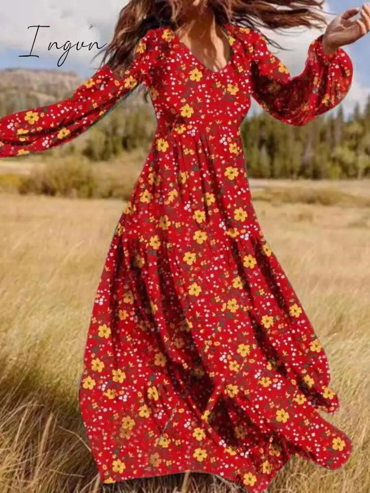 Ingvn - V Neck Long Sleeve Patchwork Solid Color Dress Safflower / M