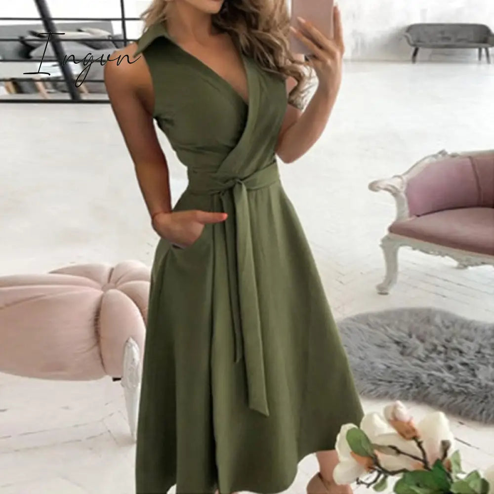 Ingvn - V Neck Long Sleeve Spring Summer Printed Dress Army Green 1 / S