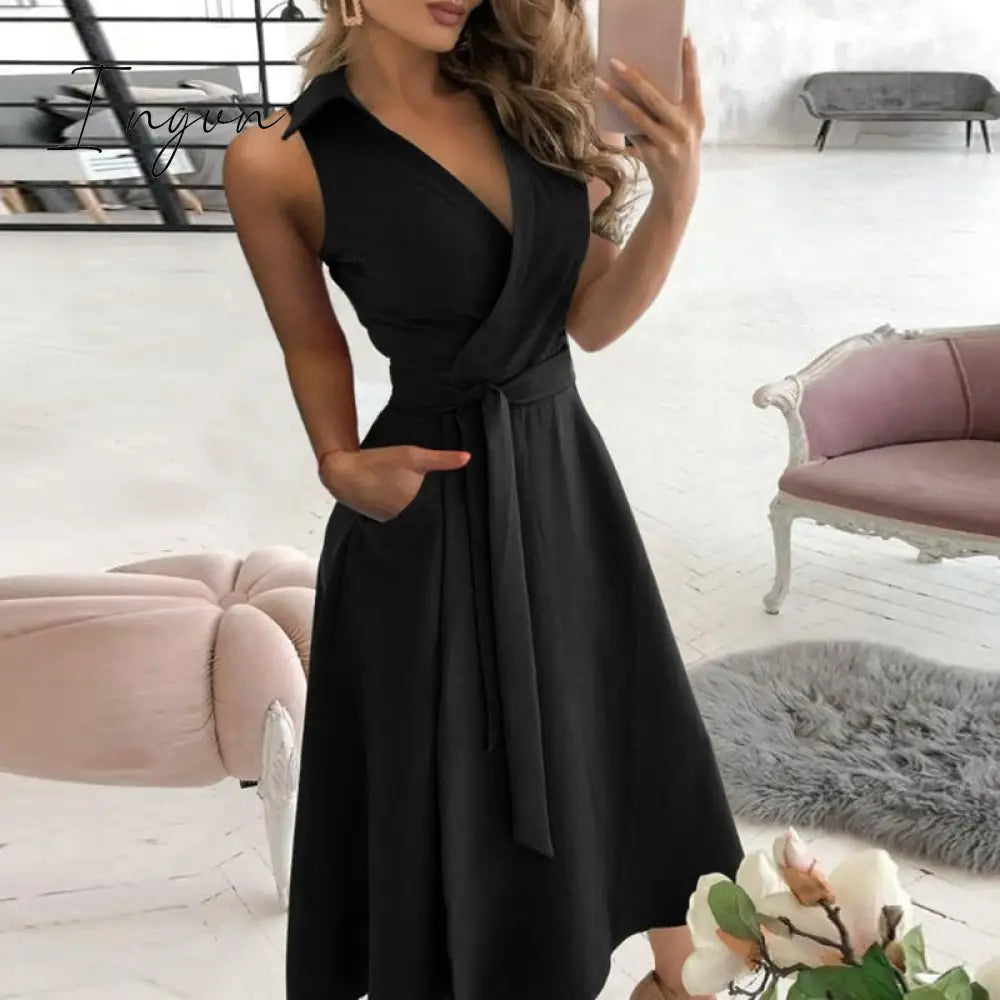 Ingvn - V Neck Long Sleeve Spring Summer Printed Dress Black 1 / S