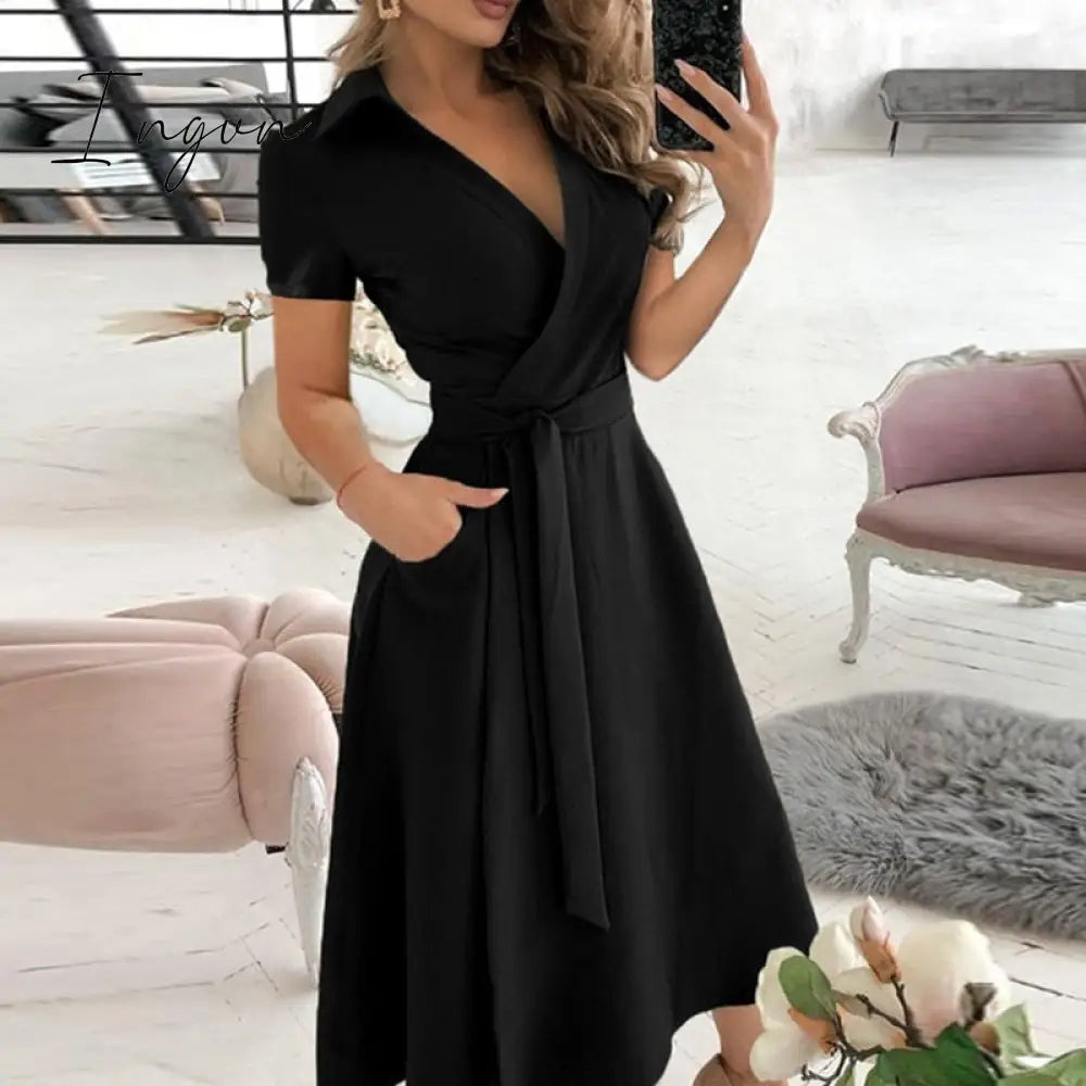 Ingvn - V Neck Long Sleeve Spring Summer Printed Dress Black 2 / S