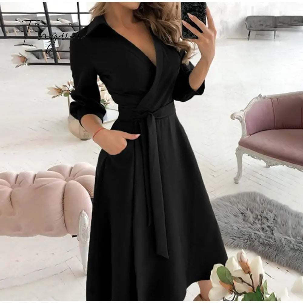 Ingvn - V Neck Long Sleeve Spring Summer Printed Dress Black 3 / S