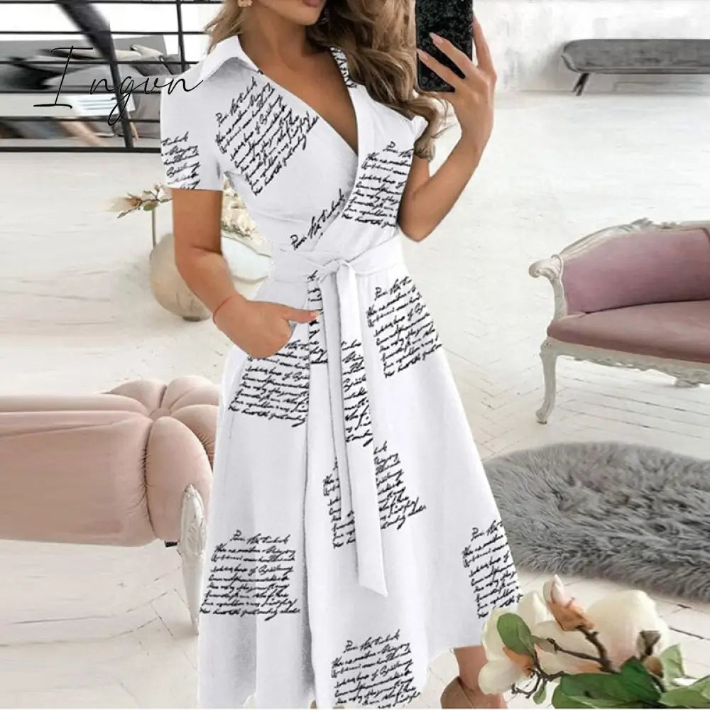 Ingvn - V Neck Long Sleeve Spring Summer Printed Dress Letter Print 2 / S