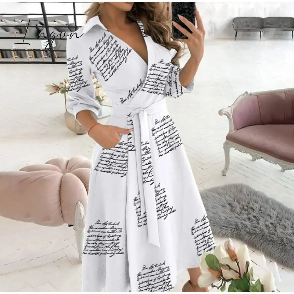 Ingvn - V Neck Long Sleeve Spring Summer Printed Dress Letter Print 3 / S
