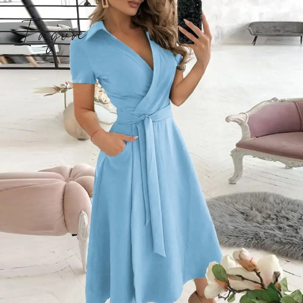 Ingvn - V Neck Long Sleeve Spring Summer Printed Dress Light Blue 2 / S