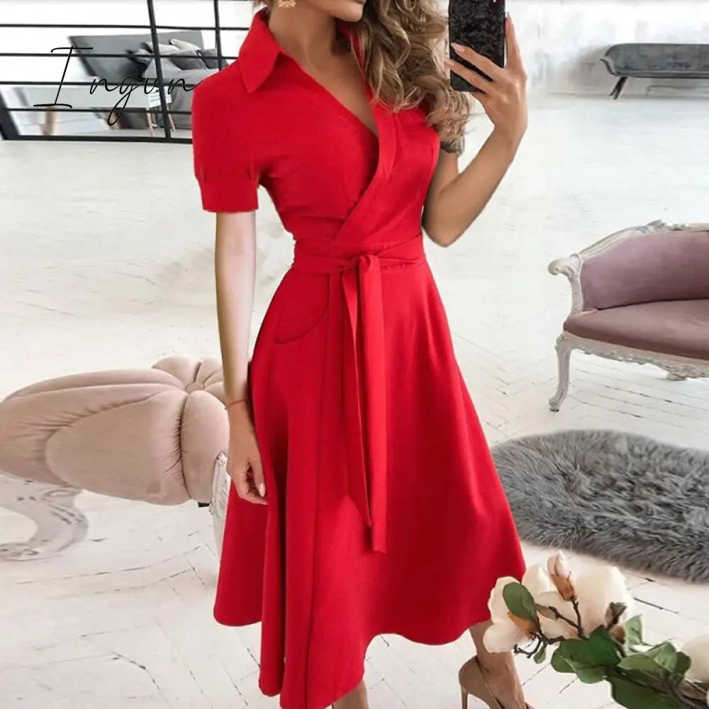 Ingvn - V Neck Long Sleeve Spring Summer Printed Dress Red 2 / S