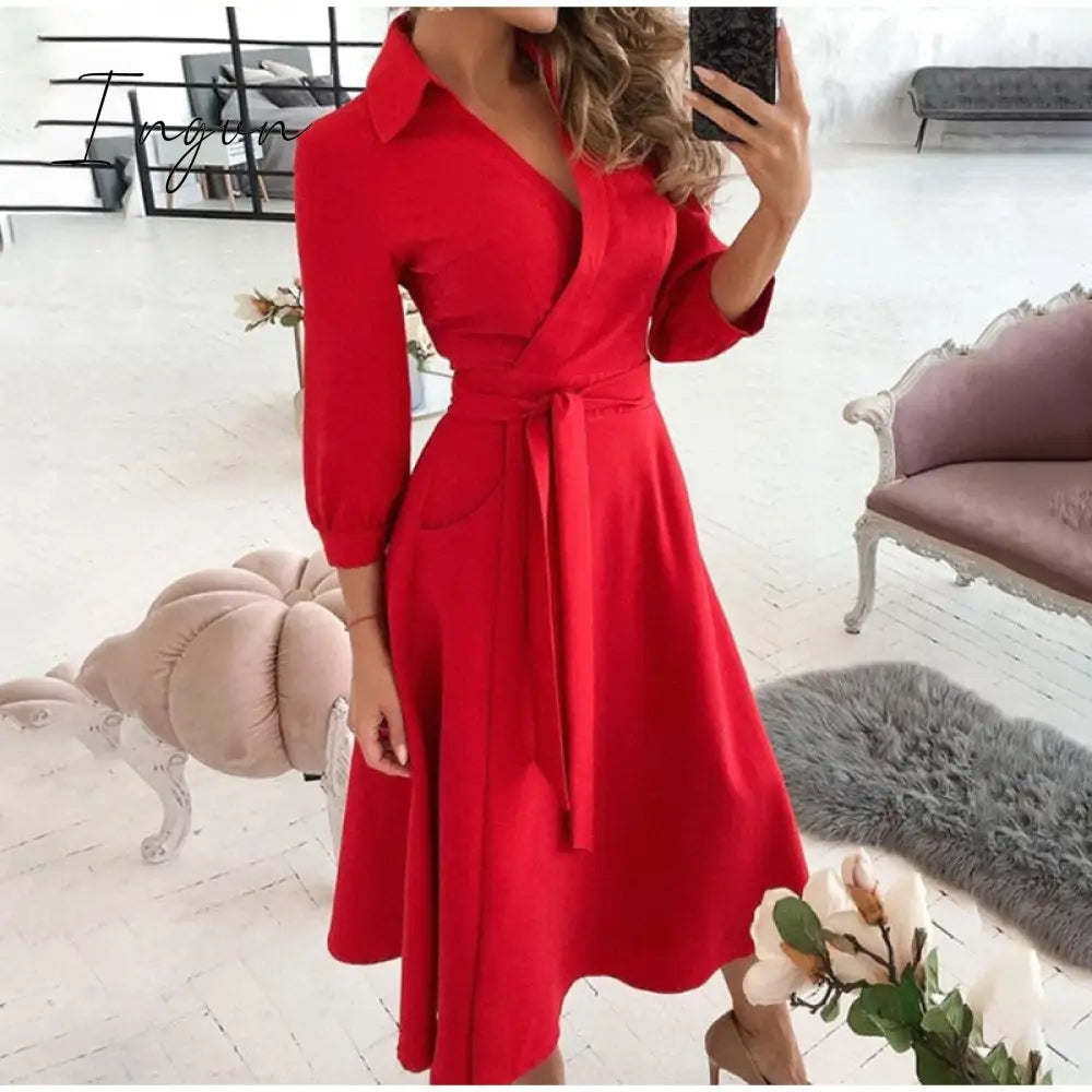 Ingvn - V Neck Long Sleeve Spring Summer Printed Dress Red 3 / S