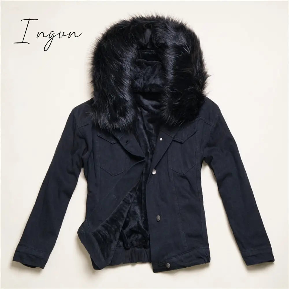 Ingvn - Velvet Thick Denim Jacket Female Winter Big Faux Fur Collar Korea Coat Student Short All