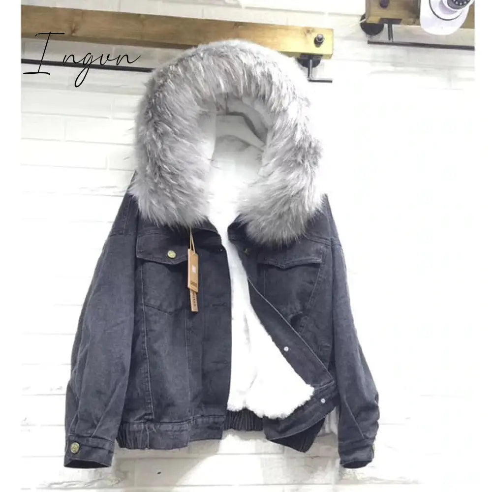 Ingvn - Velvet Thick Denim Jacket Female Winter Big Faux Fur Collar Korea Coat Student Short Black