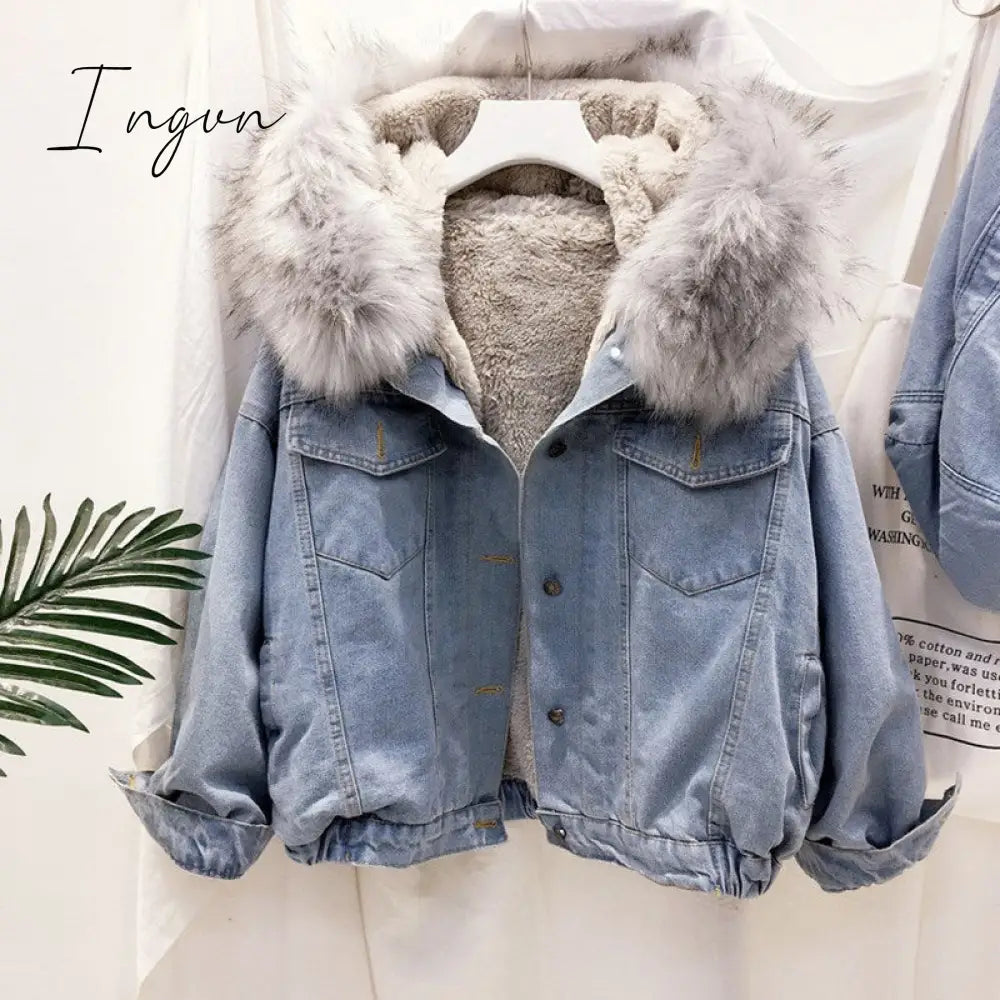 Ingvn - Velvet Thick Denim Jacket Female Winter Big Faux Fur Collar Korea Coat Student Short Grey /
