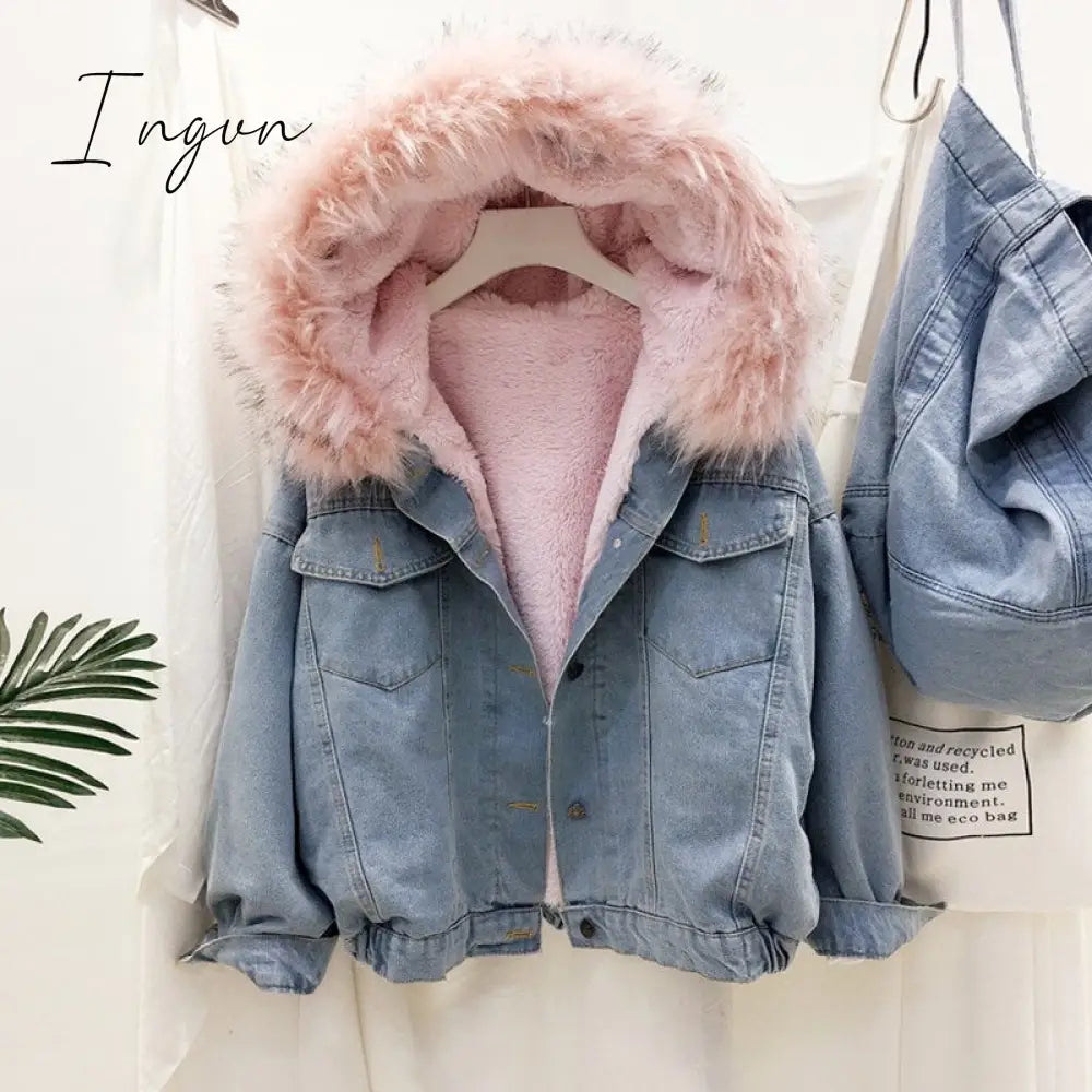 Ingvn - Velvet Thick Denim Jacket Female Winter Big Faux Fur Collar Korea Coat Student Short Pink -