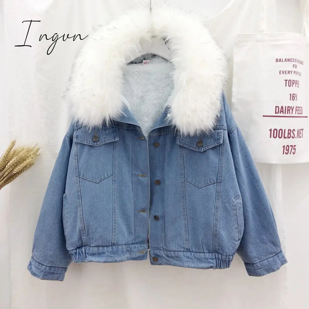Ingvn - Velvet Thick Denim Jacket Female Winter Big Faux Fur Collar Korea Coat Student Short White