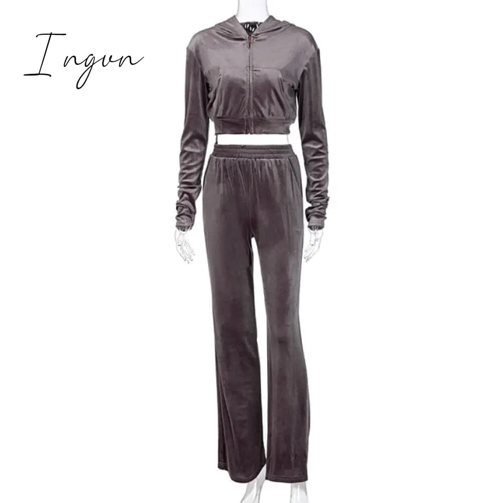 Ingvn - Velvet Women 3 Piece Set Hoodie Sweatshirt Zipper Tube Crop Top High Waist Wide Leg Pants