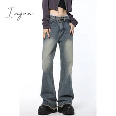 Ingvn - Vintage Blue High Waist Women Jeans Stars American Fashion Streetwear Wide Leg Jean Female