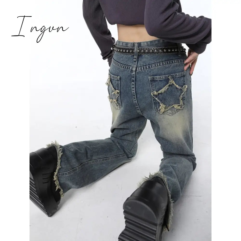 Ingvn - Vintage Blue High Waist Women Jeans Stars American Fashion Streetwear Wide Leg Jean Female