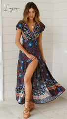 Ingvn - Vintage Chic Vestidos Women Floral Print Bat Sleeve Beach Long Bohemian Maxi Dress Ladies