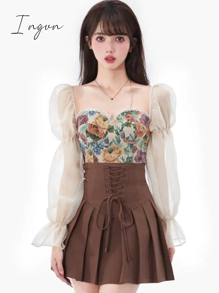 Ingvn - Vintage Corset Tops + Mini Skirts 2 Piece Dress Set Women Elegant Blouse Y2K Crop Top