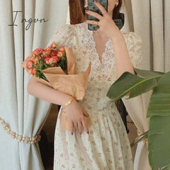 Ingvn - Vintage Floral Dress Women Elegant Lace Chiffon Korean Party Puff Sleeve V Neck Midi Fall