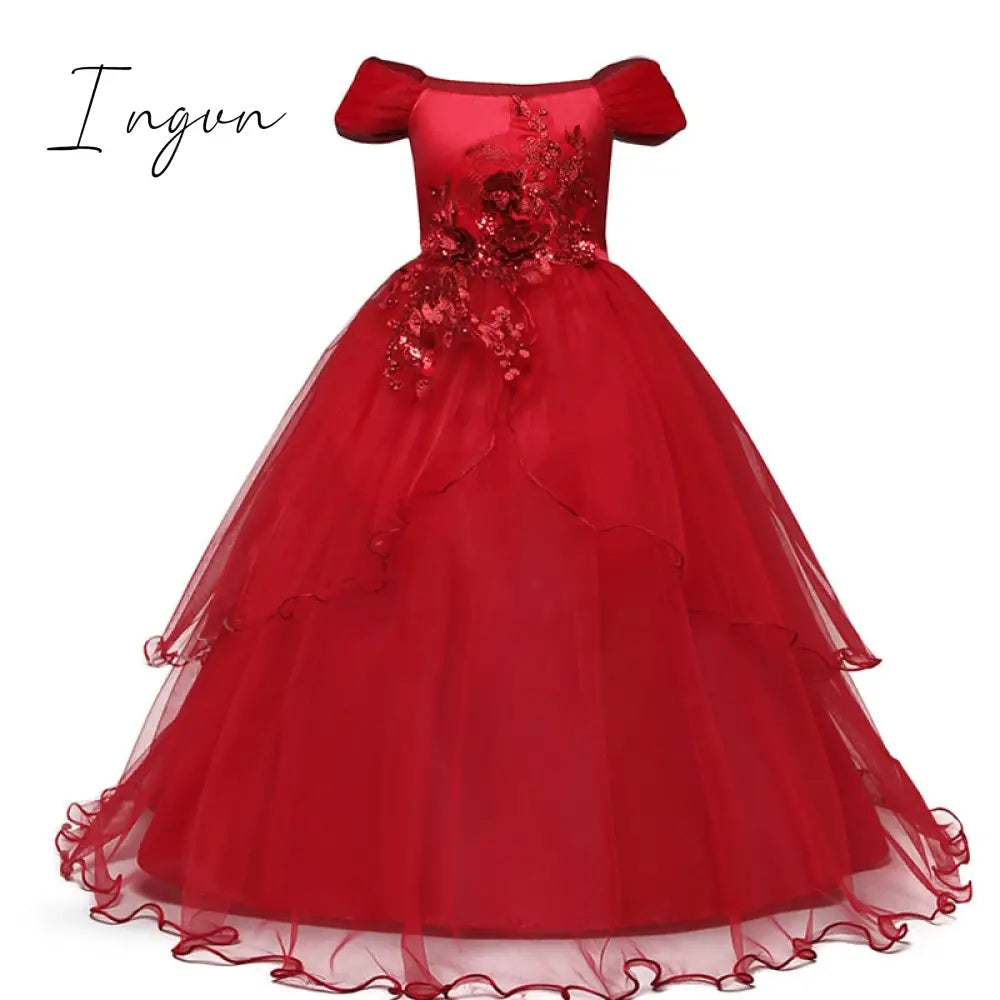 Ingvn - Vintage Flower Girls Dress For Wedding Evening Children Princess Party Pageant Long Gown