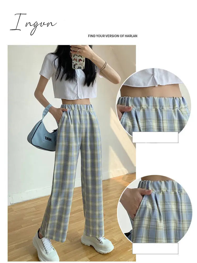 Ingvn - Vintage Plaid Pants Women High Waist Plus Size Wide Leg Casual Female Trousers Summer