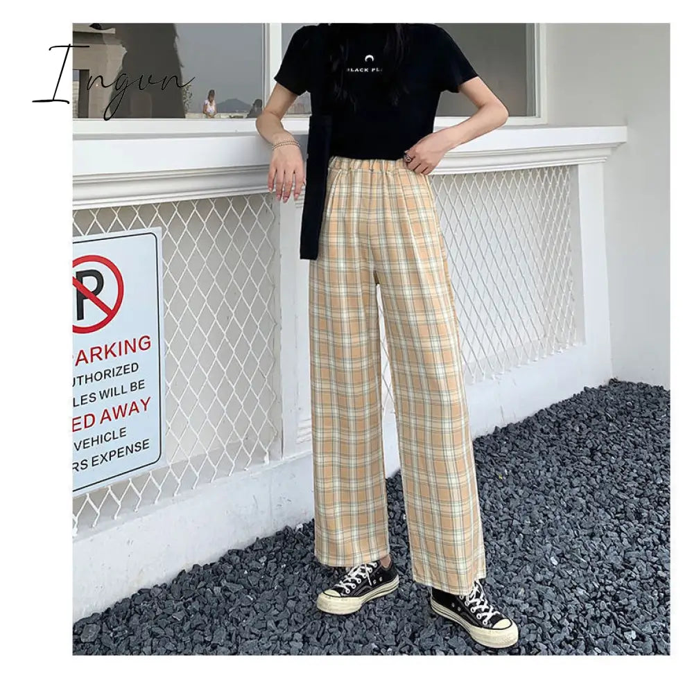 Ingvn - Vintage Plaid Pants Women High Waist Plus Size Wide Leg Casual Female Trousers Summer