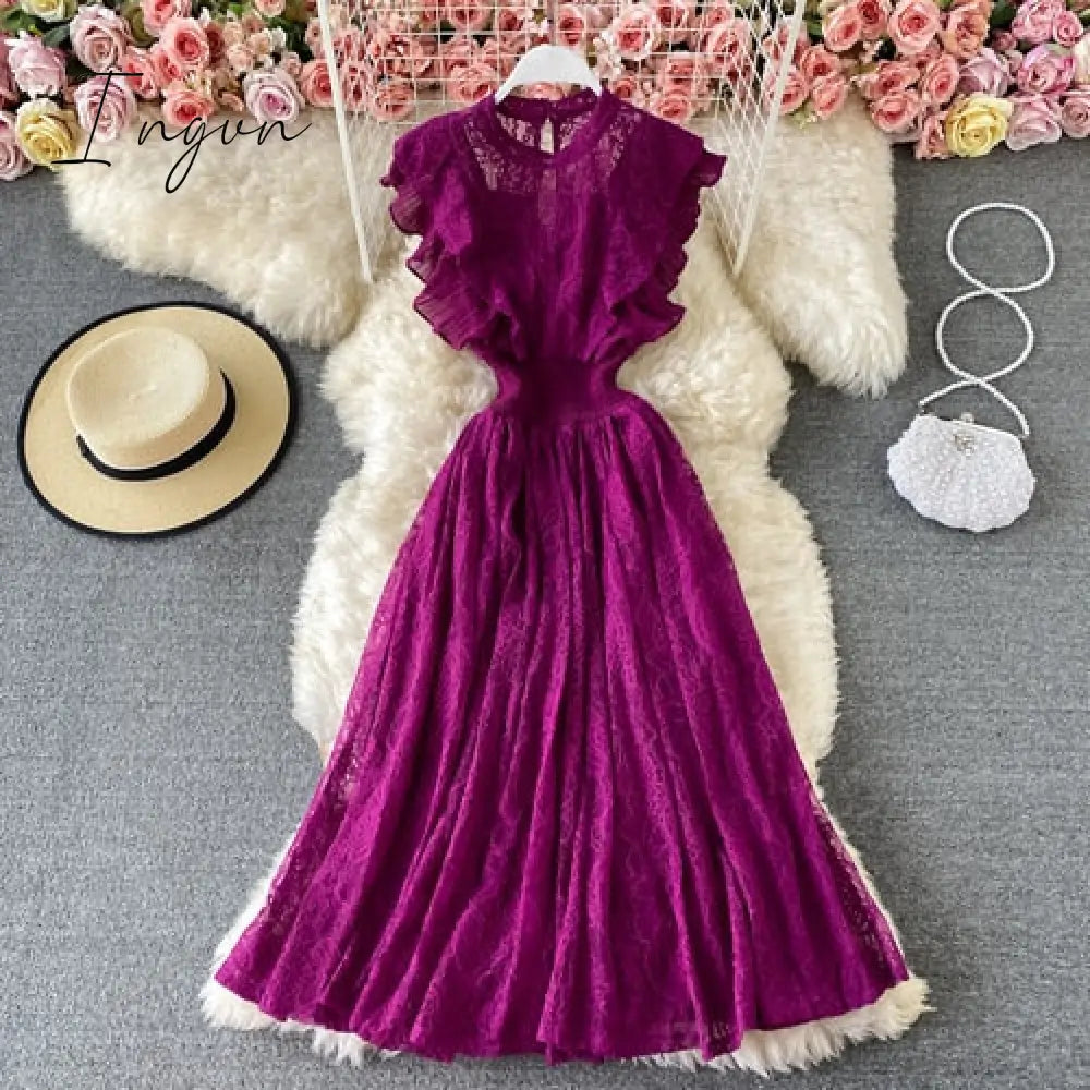 Ingvn - Vintage Purple/Green/Red Lace Midi Dress Women Sweet Round Neck Ruffle Vestidos Female High