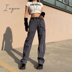 Ingvn - Vintage Streetwear Cargo Pants Women Harajuku Street Loose Straight Jeans Casual Slim