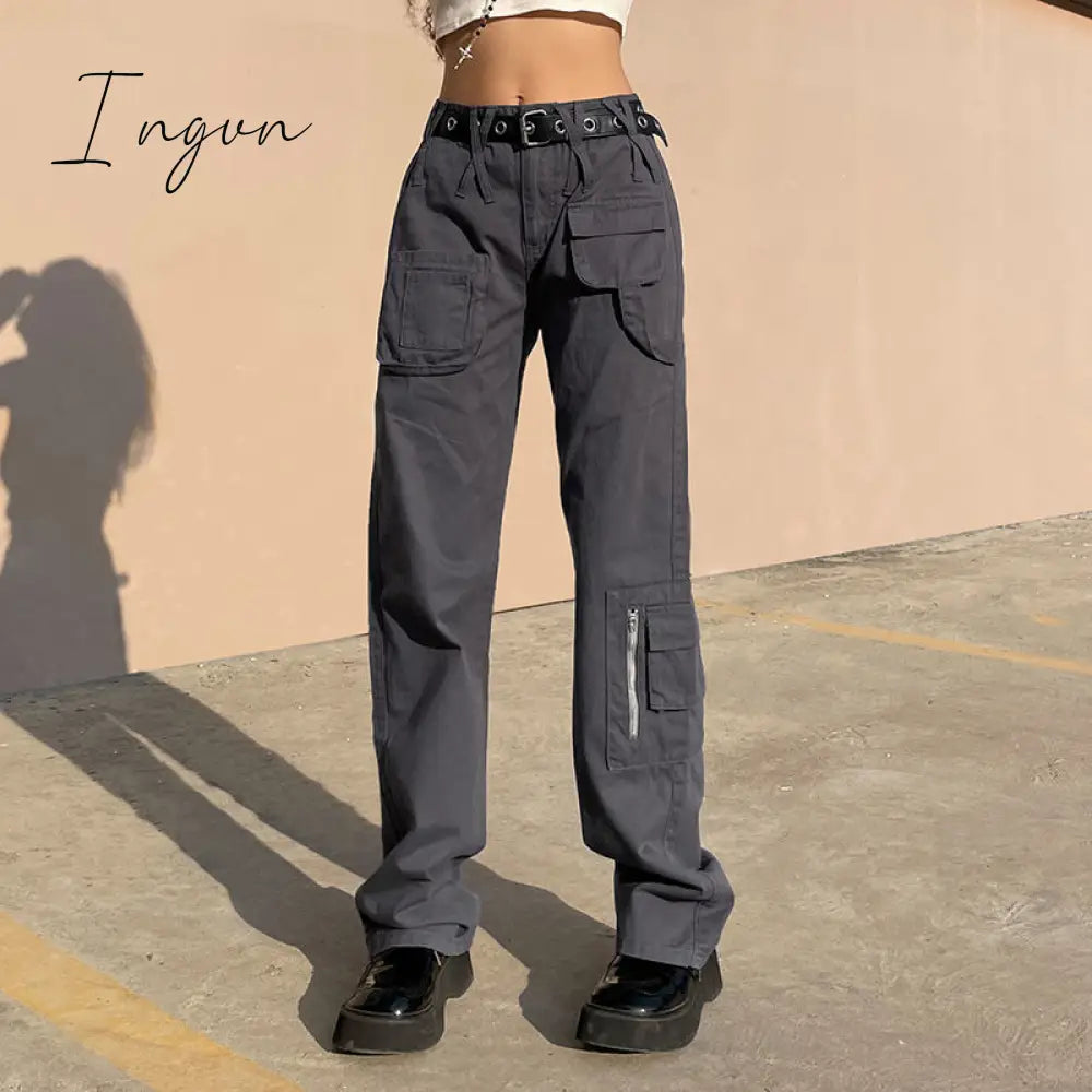 Ingvn - Vintage Streetwear Cargo Pants Women Harajuku Street Loose Straight Jeans Casual Slim