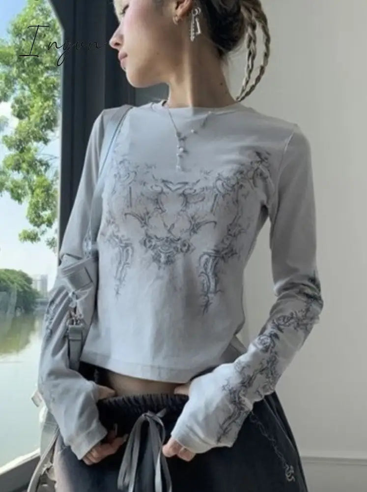 Ingvn - Vintage Women Clothes Y2K T-Shirts 2023 Blusas Mujer De Moda O-Neck Long Sleeve Print Tunic