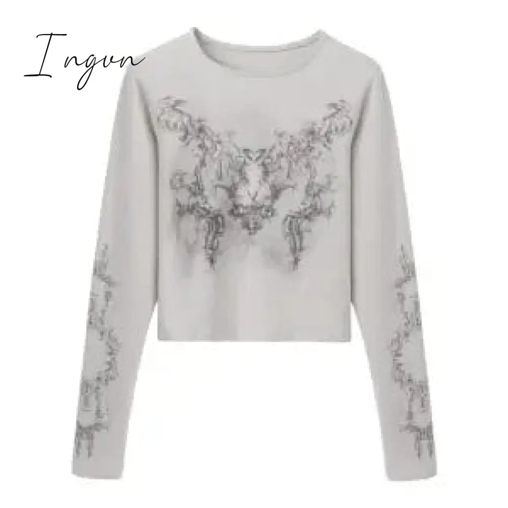 Ingvn - Vintage Women Clothes Y2K T-Shirts 2023 Blusas Mujer De Moda O-Neck Long Sleeve Print Tunic