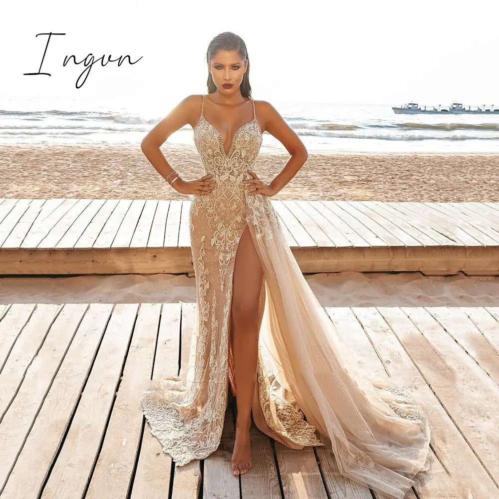Ingvn - Wedding Party Dress Female Evening Elegant Sexy Deep V Neck Spaghetti Strap Sleeveless
