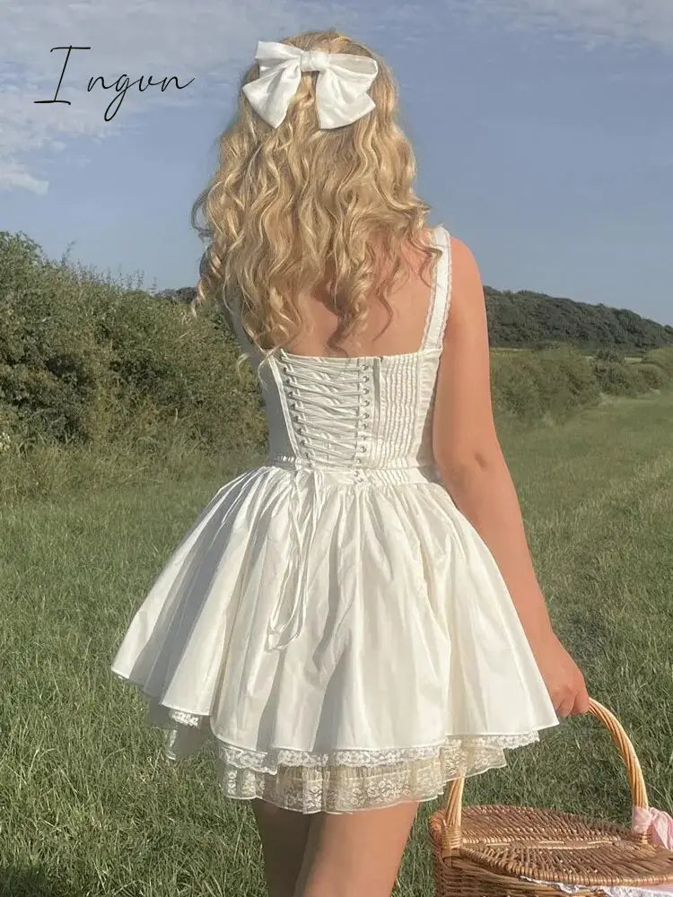 Ingvn - White A Line Party Dresses Women Mini Elegant Lace Up Holiday Dress Casual Spaghetti Strap
