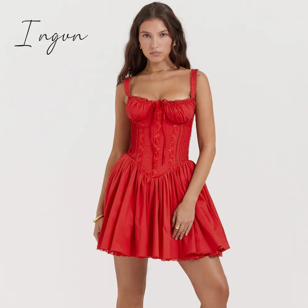 Ingvn - White A Line Party Dresses Women Mini Elegant Lace Up Holiday Dress Casual Spaghetti Strap