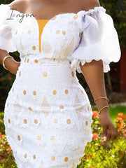 Ingvn - White Applique Lace Dress Chic Women Daisy Flower Off Shoulder Puff Sleeve Midi Summer