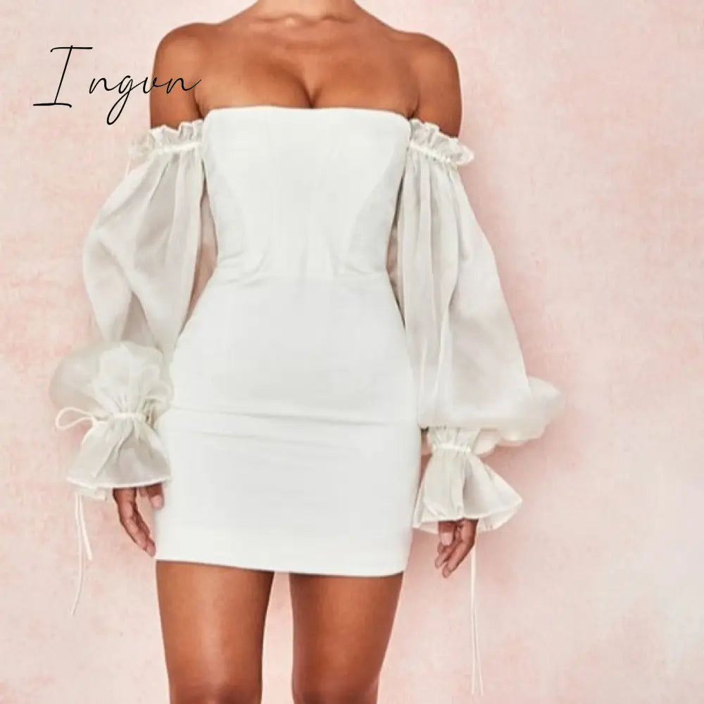 Ingvn - White Off Shoulder Sexy Woman Dress Long Puff Sleeve Mini Night Party Dresses Summer