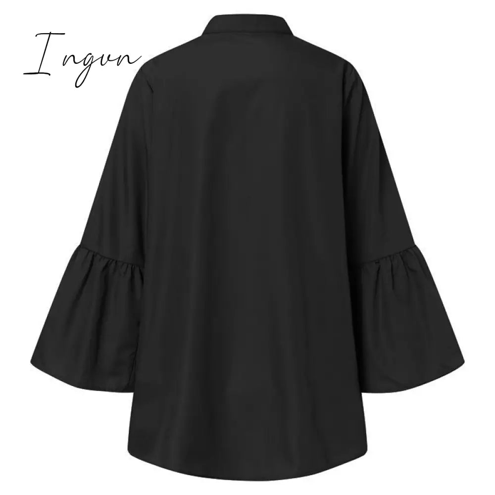 Ingvn - White Shirts Summer Women Solid Flare Sleeve Spring Blouse Sexy V Neck Button Up Office