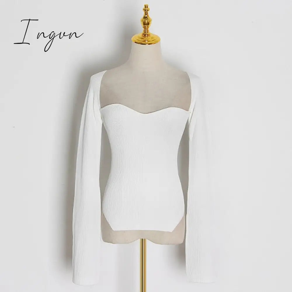 Ingvn - White Side Split Knitted Women’s Sweater Square Collar Long Sleeve Sweaters Female Autumn