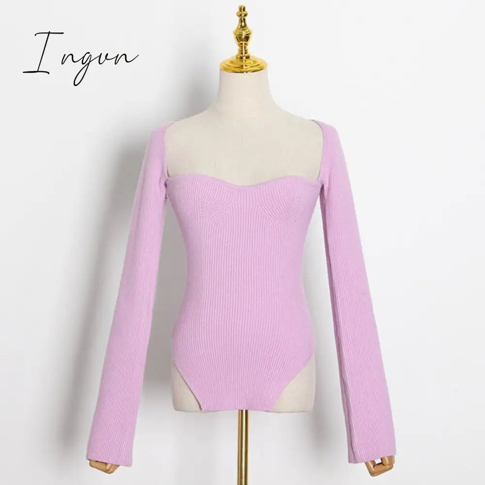 Ingvn - White Side Split Knitted Women’s Sweater Square Collar Long Sleeve Sweaters Female Autumn