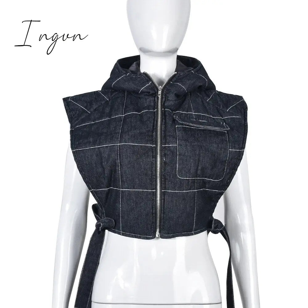 Ingvn - Winter Sleeveless Side Lace Up Vest Jacket Zipper Denim Hoodies Streetwear Women Clothing