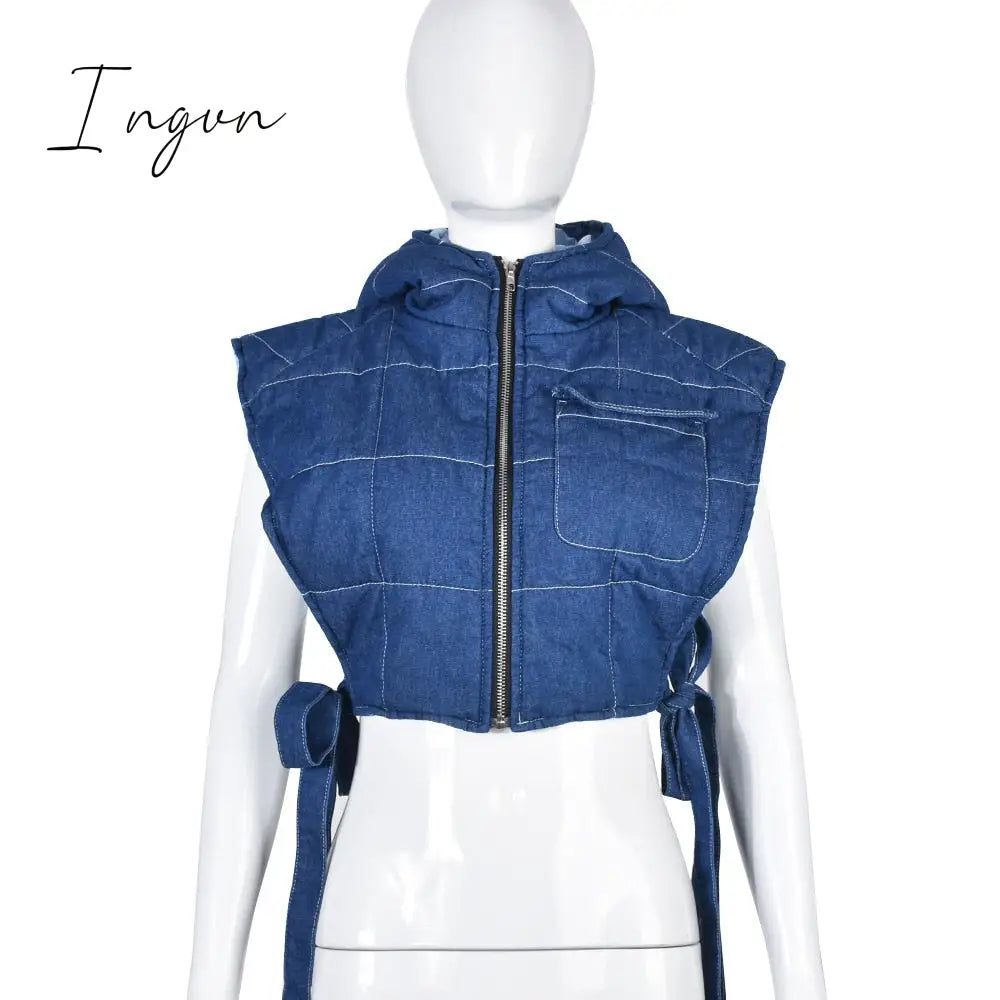 Ingvn - Winter Sleeveless Side Lace Up Vest Jacket Zipper Denim Hoodies Streetwear Women Clothing