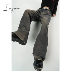 Ingvn - Winter Vintage Dark Blue High Waist Women Jeans American Fashion Streetwear Wide Leg Denim