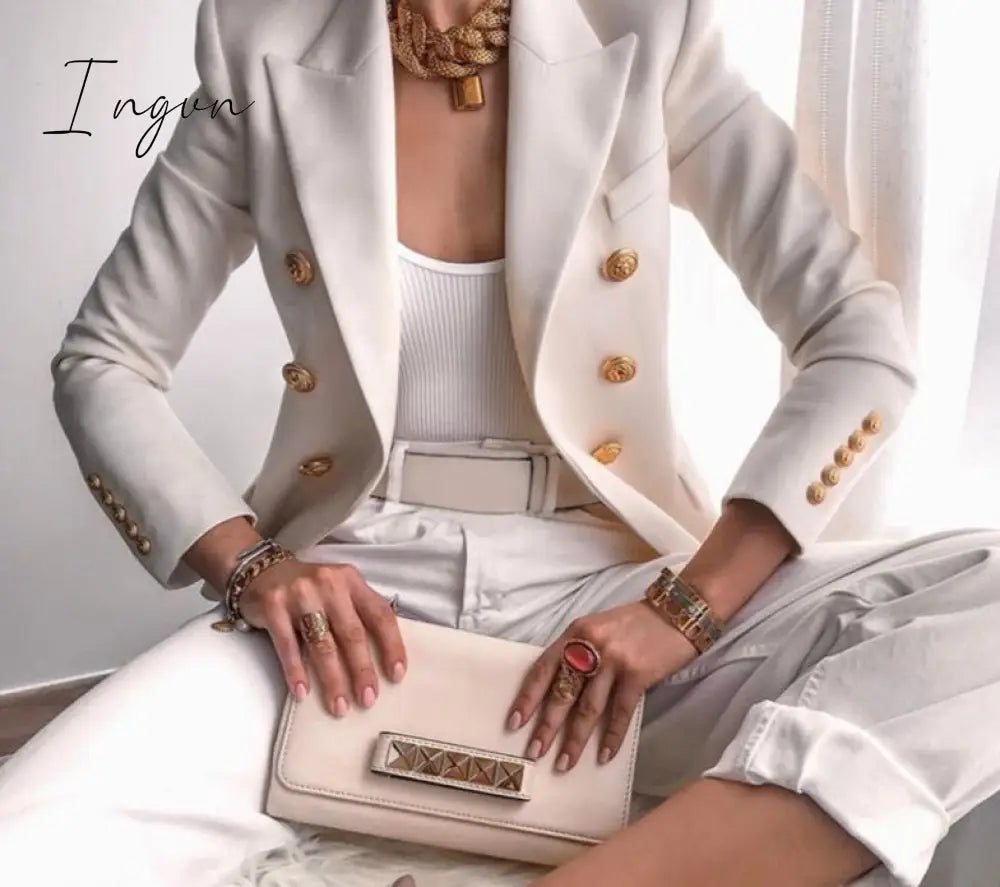 Ingvn - Winter Women Blazer Double Breasted Coat Fashion Slim Long Sleeve Elegant Suit Jacket Office