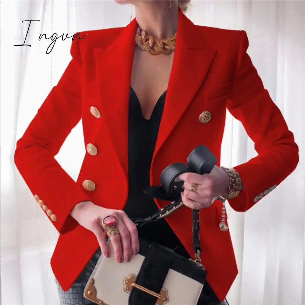 Ingvn - Winter Women Blazer Double Breasted Coat Fashion Slim Long Sleeve Elegant Suit Jacket