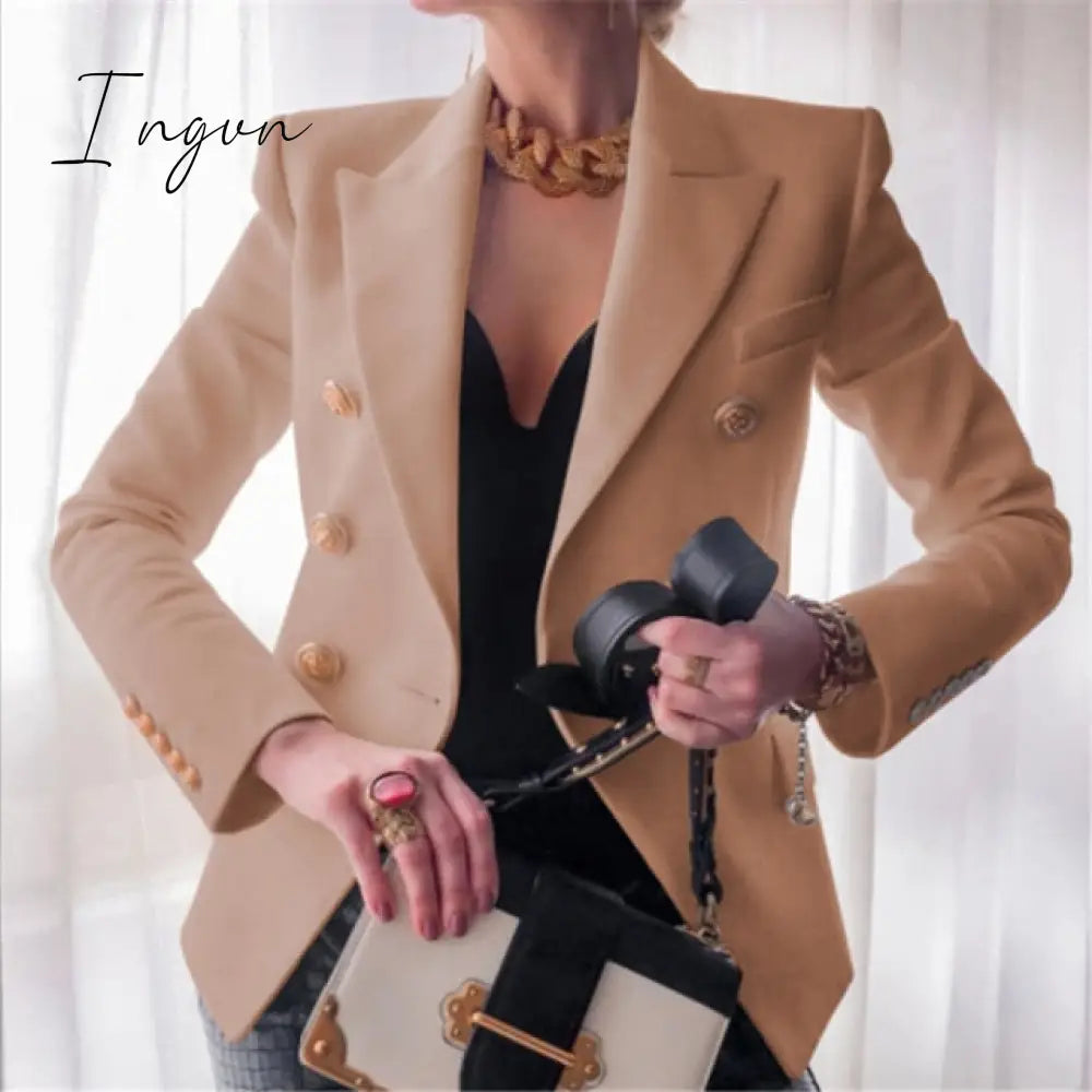 Ingvn - Winter Women Blazer Double Breasted Coat Fashion Slim Long Sleeve Elegant Suit Jacket