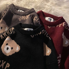 Ingvn - Winter Women Fashion 3 Colors Oversized Teddy Bear Knitted Sweater Vintage O Neck Long