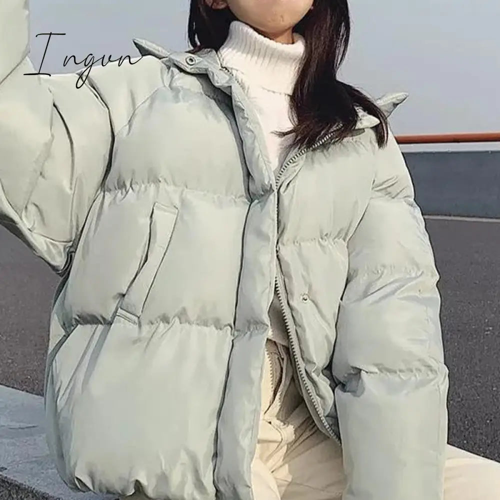 Ingvn - Winter Women’s Hooded Zipper Loose Down Jacket Solid Color Short Wild Korean Version Of