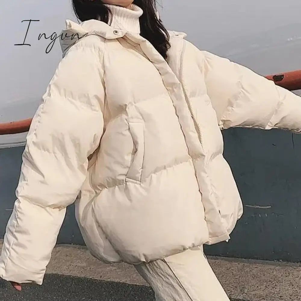 Ingvn - Winter Women’s Hooded Zipper Loose Down Jacket Solid Color Short Wild Korean Version Of