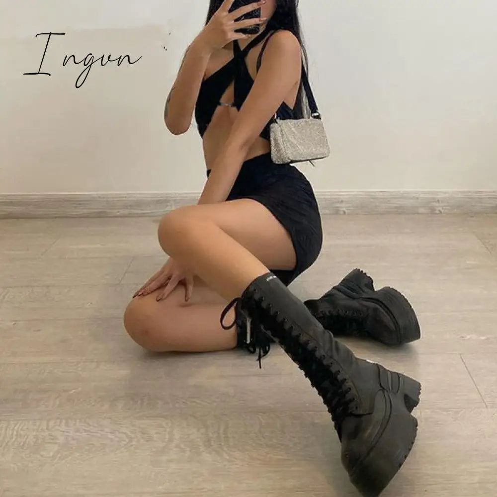Ingvn - Woman Dress Y2K Gothic Mini Dresses Sexy Deep V Neck E Girl Streetwear Halter Black New