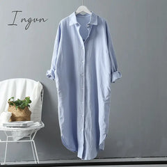 Ingvn - Woman Long Shirt Dress Cotton Korean Clothing White Boho Beach Big Maxi Blue Dresses Spring